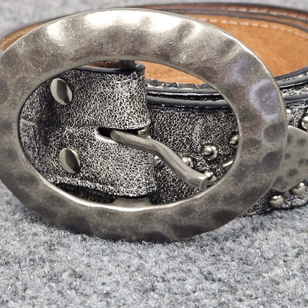 3D‎ Leather Lined Western Belt XL Hammered Oval Buckle Studded Silver Cowboy